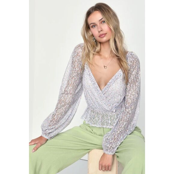 Lulus Tops - Lulus Impressive Cutie Lavender Floral Lace Balloon Sleeve Peplum Top XLarge